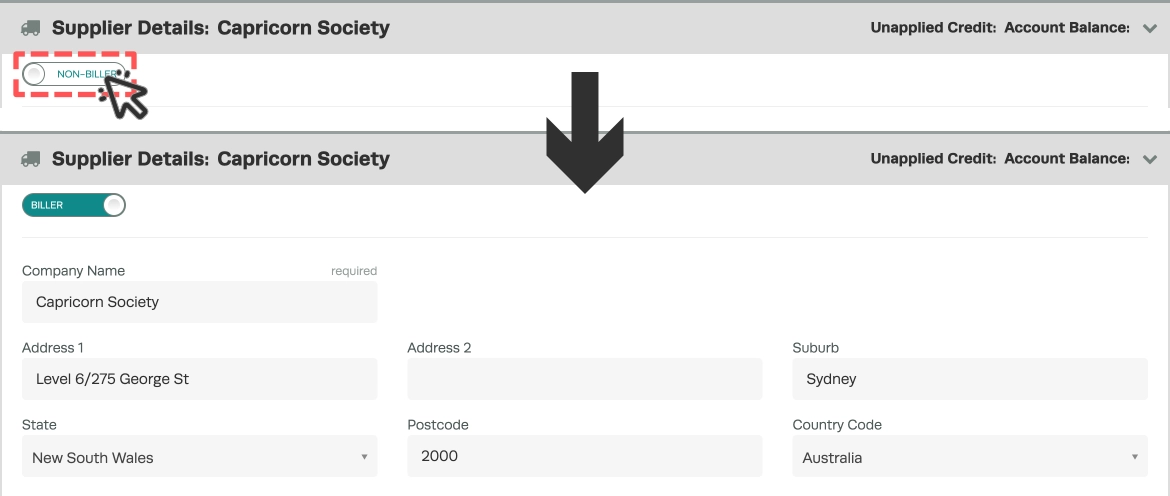 A screenshot showing the effect of the Biller toggle in a Supplier card.