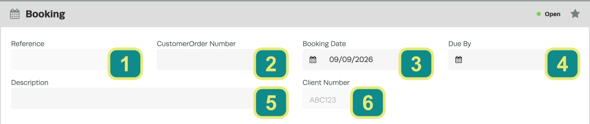 A cropped screenshot of data fields in a Booking, each is numbered.
