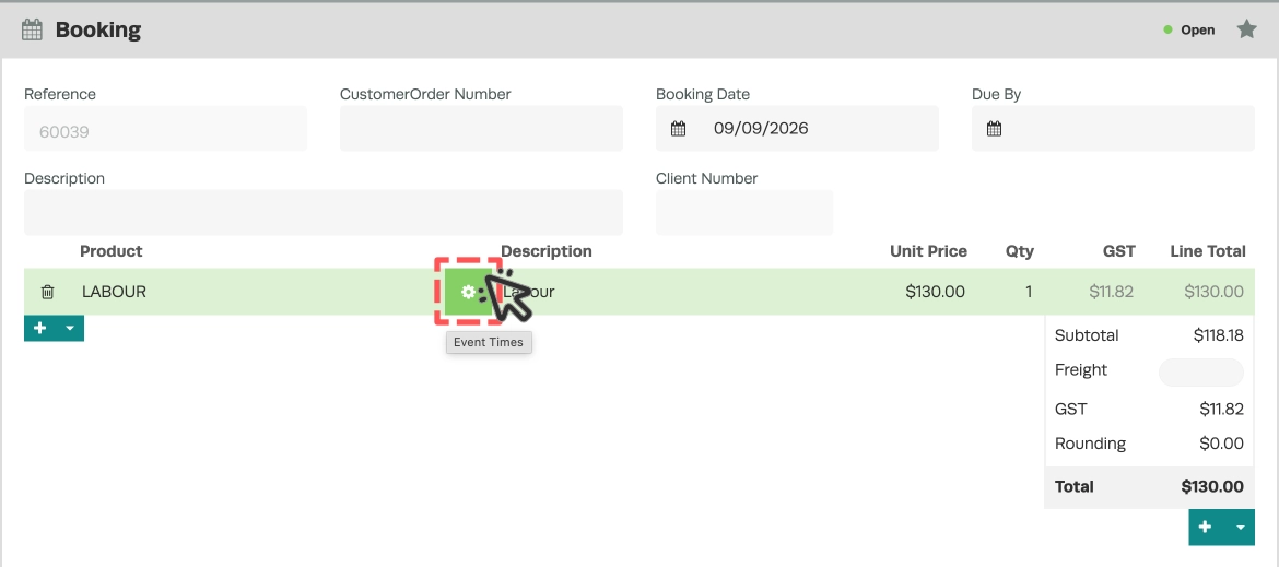 A screenshot of the Booking Card in a Booking, the cog icon which assigns or adds Event Times is highlighted.