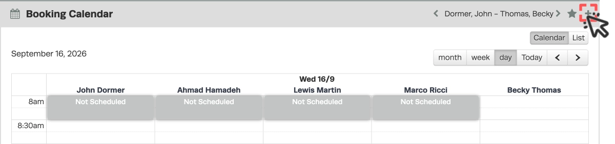 A screenshot of the Booking Diary's day view, the grey + icons is highlighted which creates a new booking on the day which is open.