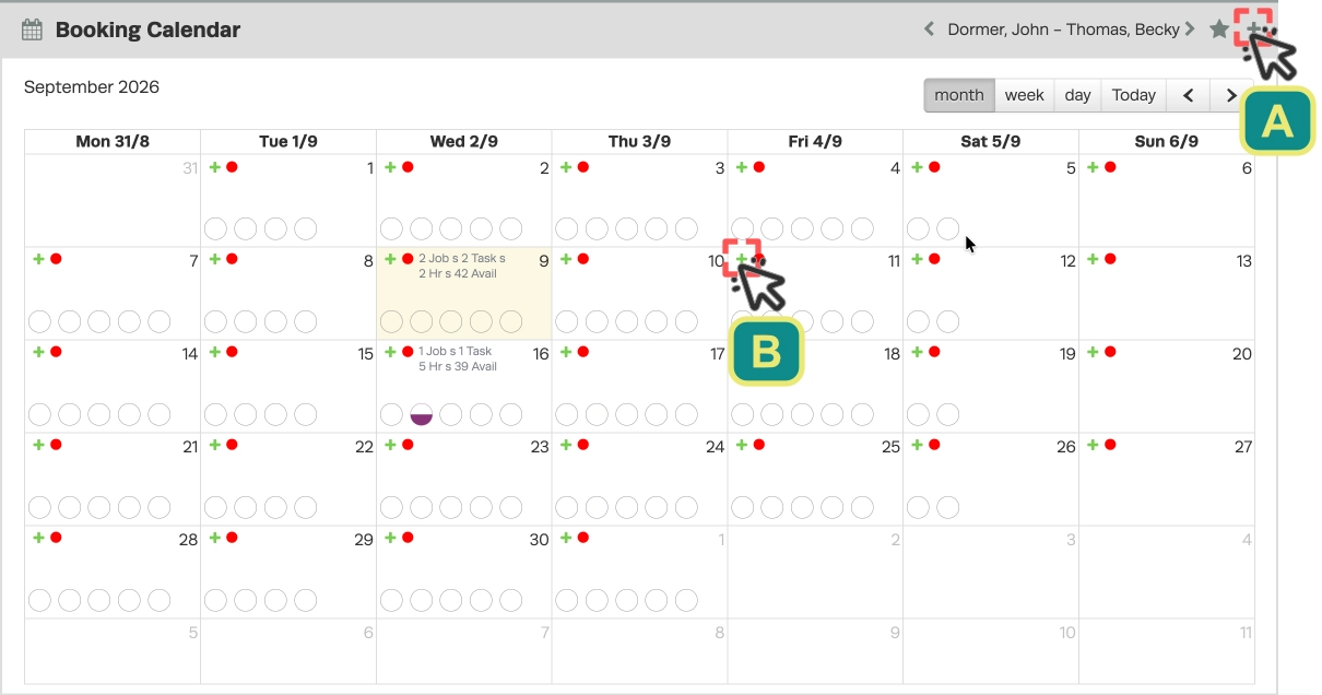 A screenshot of the Booking Diary's month view, cursors with letters assigned highlight the grey + icon to create a new booking for today and the green + icon in each date box that makes a new booking for that date.