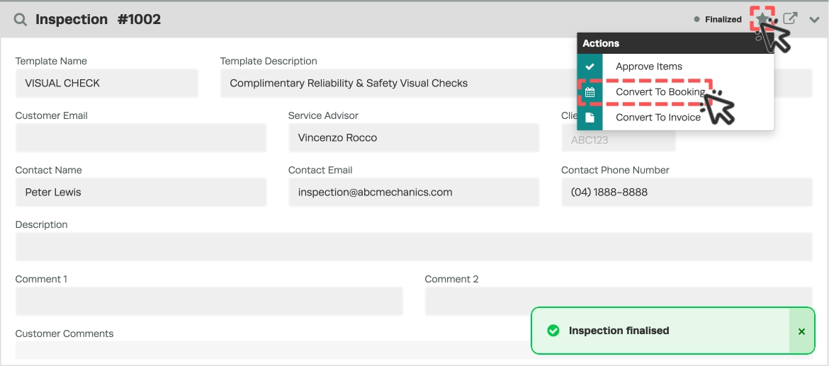 A screenshot of a Finalized Inspection card, cursors indicate to click the Star icon then Convert to Booking to create a Booking.