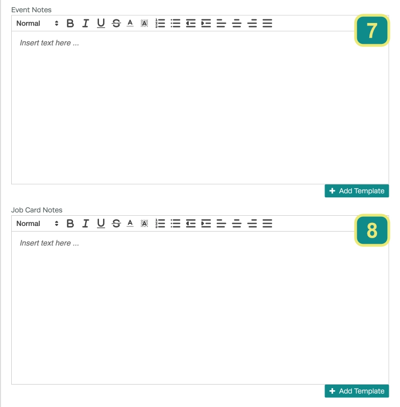 A screenshot of the Event and Job Card Notes fields in a Booking, they are numbered.