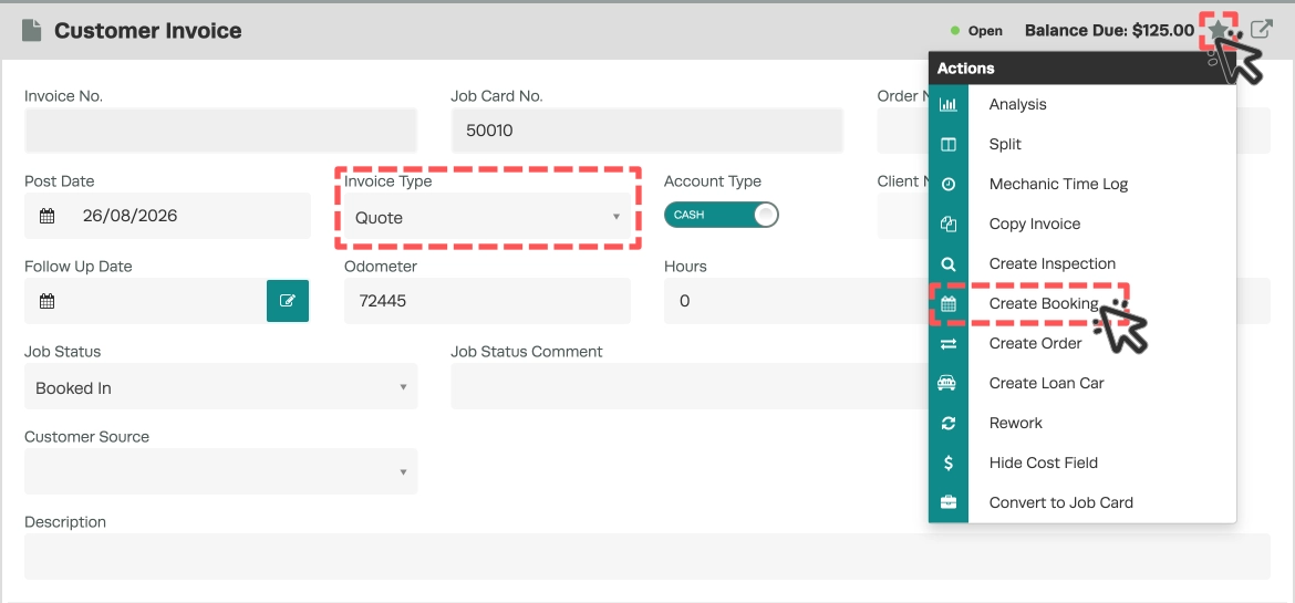 A screenshot of the Customer Invoice card screen for a Quote. The Invoice Type field highlights that this is a Quote, cursors indicate to click the Star icon then Create Booking to create a new Booking from the Quote.