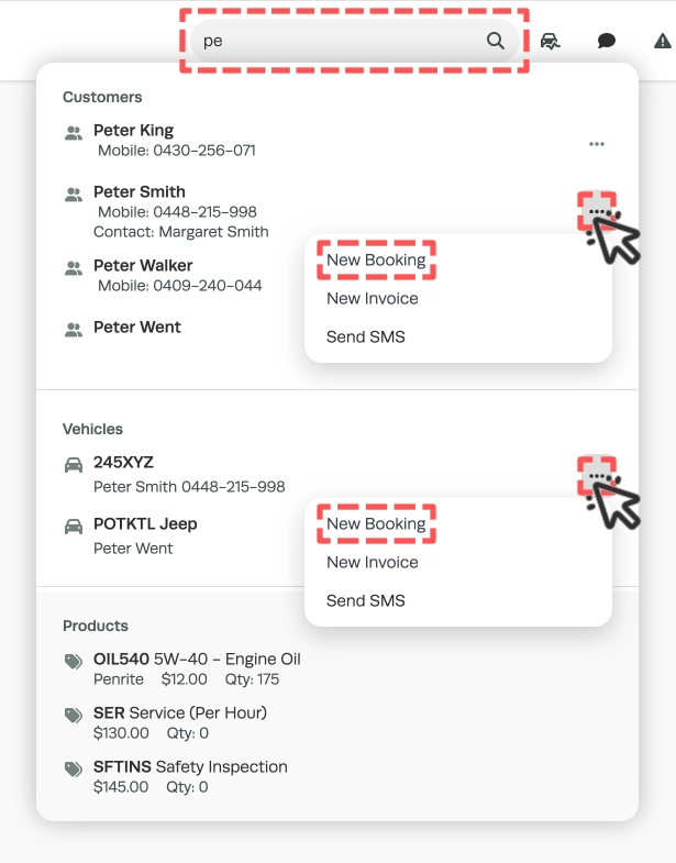A screenshot of the main search bar, the ... menu is open for a Customer and Vehicle and in each the New Booking options is highlighted.