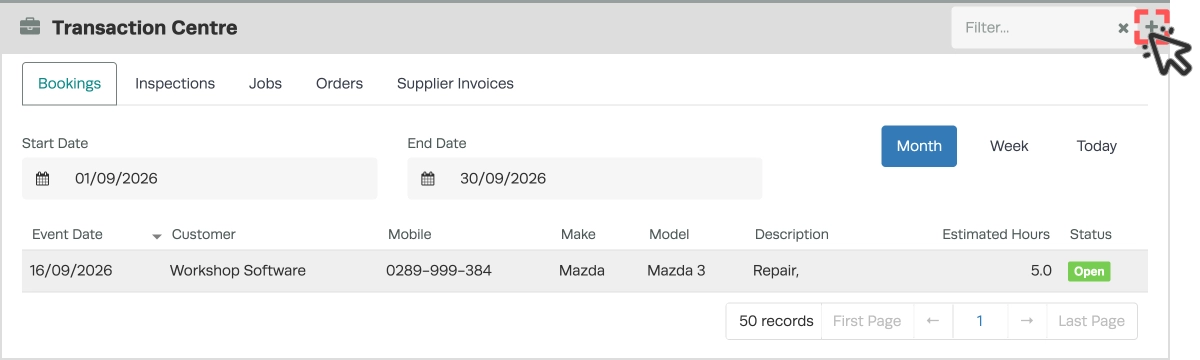 A screenshot of the Transaction Centre, open to Bookings with the + icon which adds a new Booking higlighted.