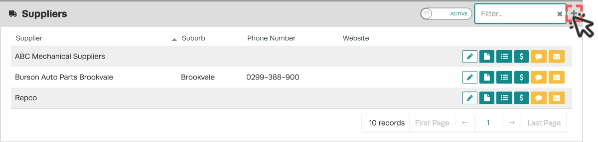A screenshot of the Suppliers list highlighting the + icon used to add a new Supplier.