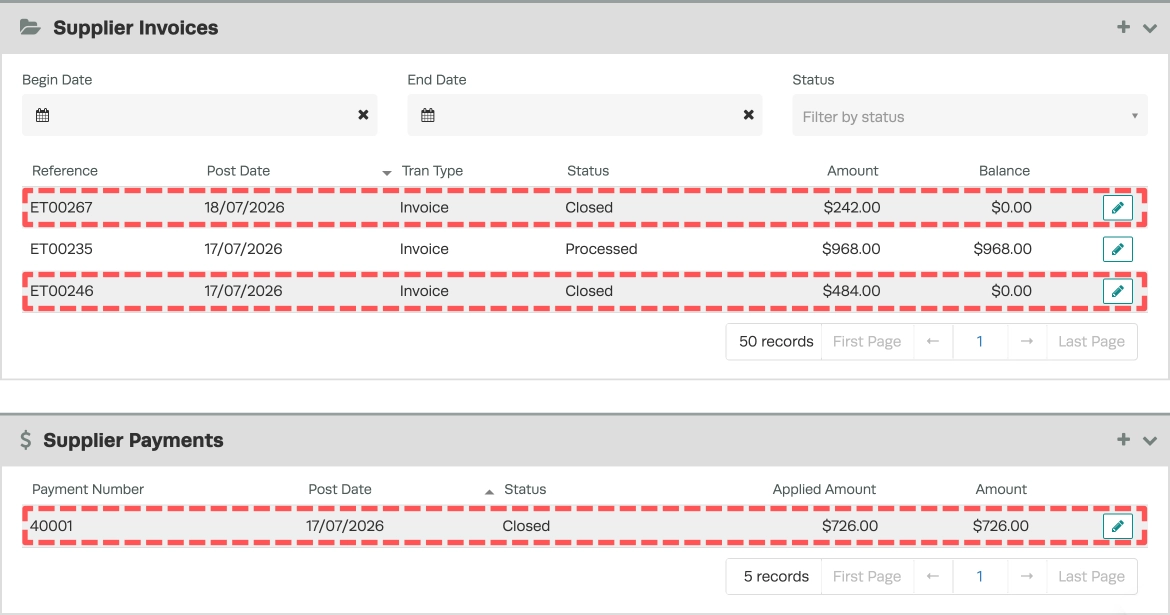A screenshot highlight Invoices and Payment made via a Biller on a Supplier's record.