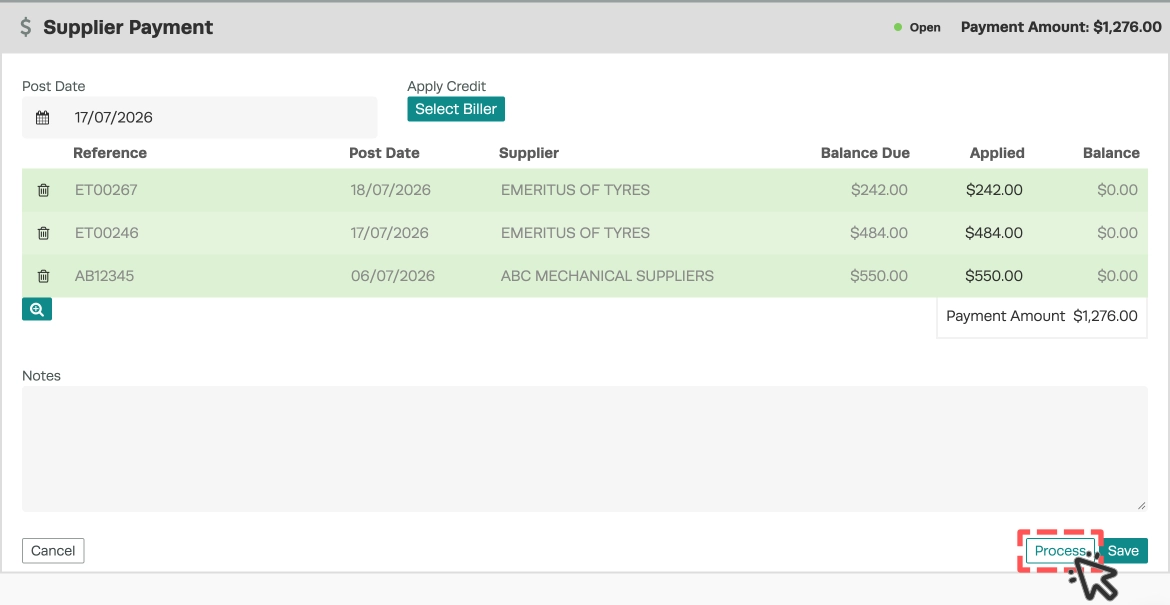 A screenshot of a Supplier Payment Screen, the Process button is highlighted.