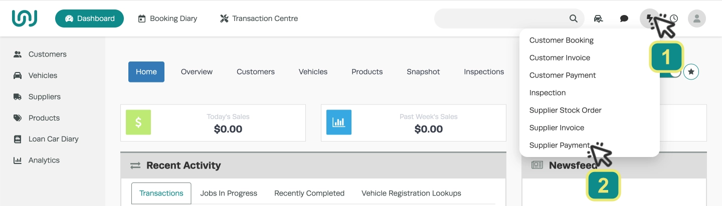 A screenshot of Workshop Software's Dashboard. Cursors indicate to click the lightning bolt icon and then Supplier Payment.