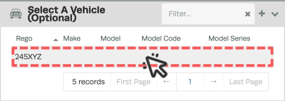 A screenshot of the Vehicles list in a booking, a Vehicle is highlighted and a cursor indicates a click.