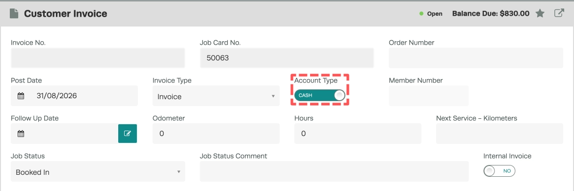 A cropped screenshot of a Customer Invoice, the Account Type toggle is set to Cash and highlighted.