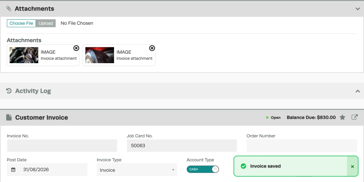 A screenshot of an Invoice which has been copied, a Job Card number has now now been assigned and copied attachments are visible.
