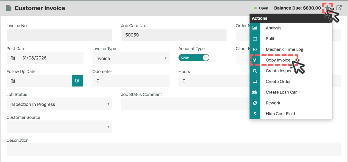 A screenshot of the Customer Invoice card in an Invoice. Cursors indicate to open the Star menu and select Copy Invoice