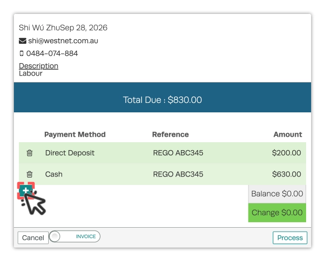 A screenshot of the Cash Payment pop up, two payments are visible and the + button which add additional payments is highlighted.