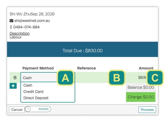 A screenshot of the Cash Payment pop up, the Payment Methods, Reference and Amount fields are each assigned a character