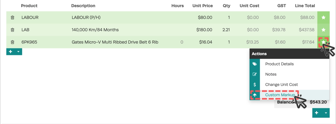 A screenshot of a Product List in a Job, the star icon the the right of a product is highlighted, and in the menu it opens the Custom Markup option is highlighted.