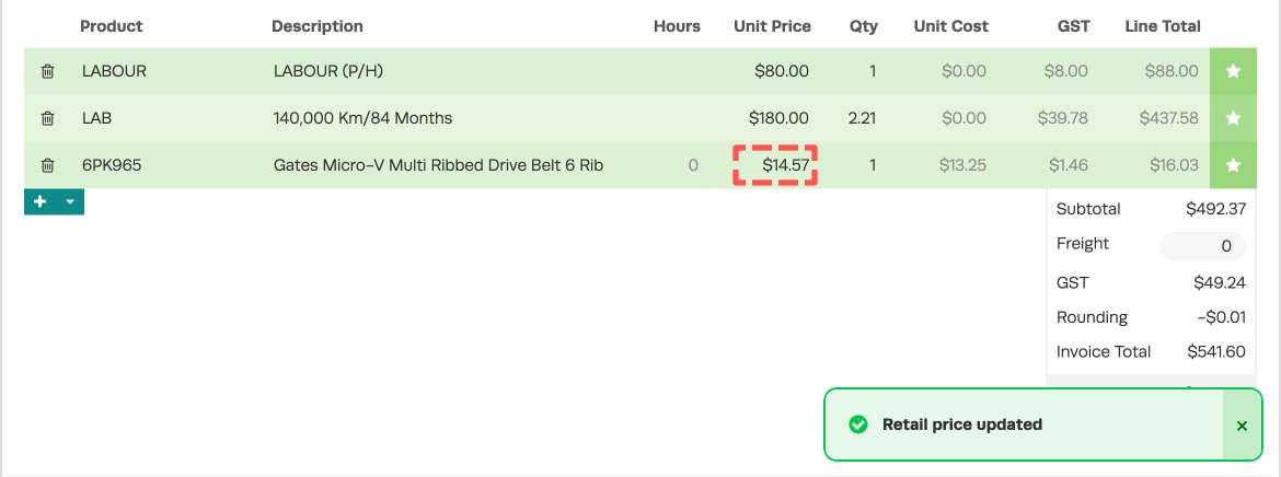 A screenshot of a Product list after a Custom Markup is applied, the Unit Price is highlighted showing an applied Markup.