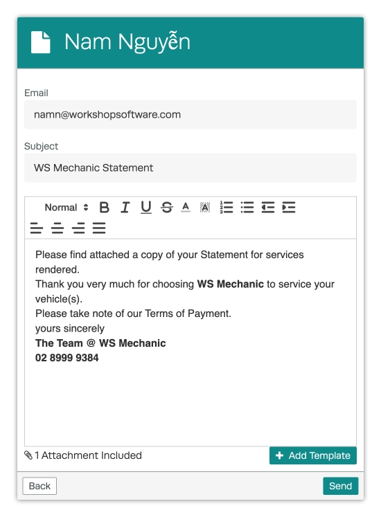A screenshot of the Email pop up when sending a Customer Statement