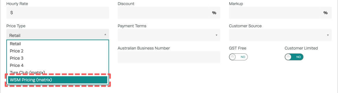 A cropped screenshot of a Customer's details, the Price Type drop down is open and the WSM Pricing (Matrix) entry is highlighted.