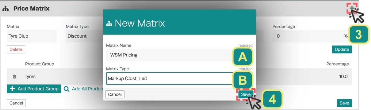 A screenshot of the New Matrix Pop Up over the Price Matrix Card, a cursor indicates to click the + icon to open the pop up, then each field is lettered and the Matrix Type is set to Markup (Cost Tier) a second cursor indicates to click the save button after the fields are complete.