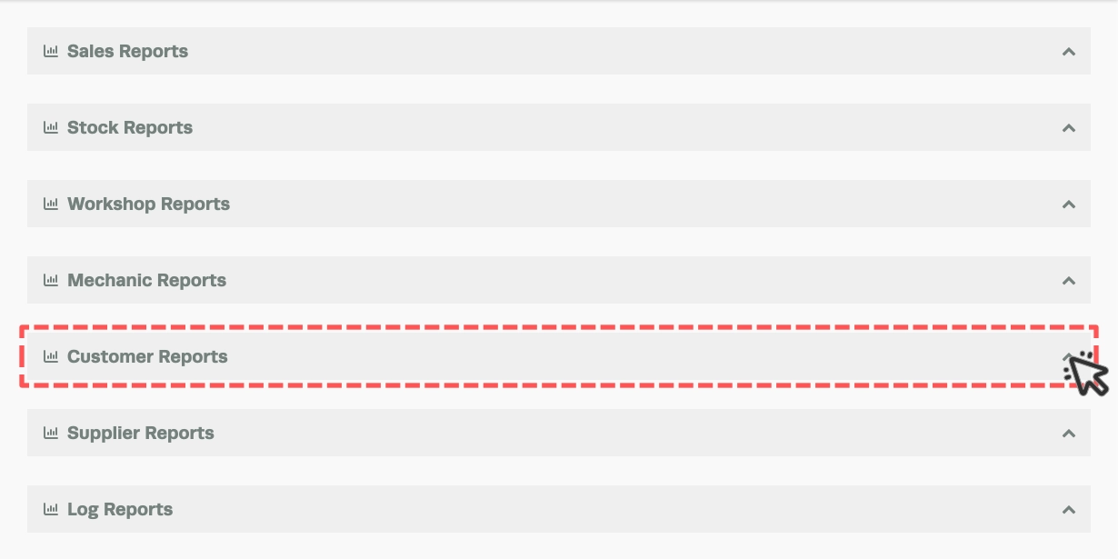 A screenshot of the headers on the Reports page in Workshop Software. The Customer Reports Card is highlighted.