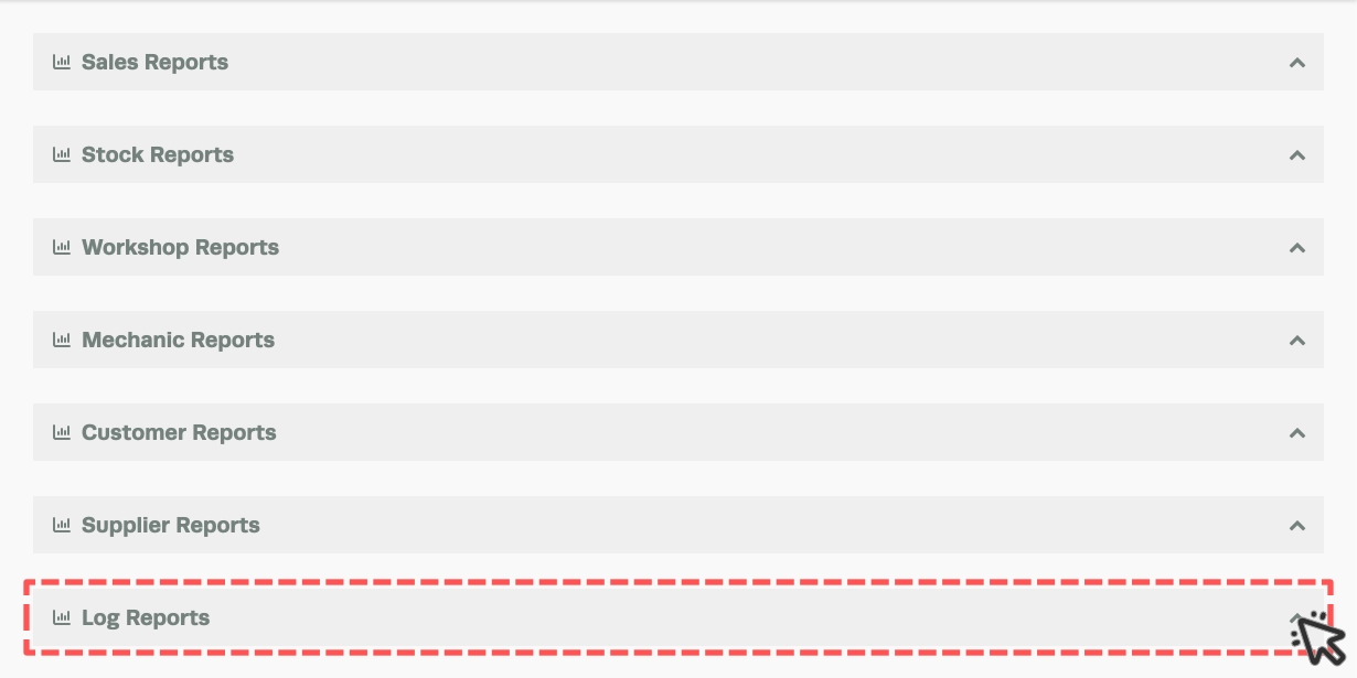 A screenshot of the headers on the Reports page in Workshop Software. The Log Reports card is highlighted.