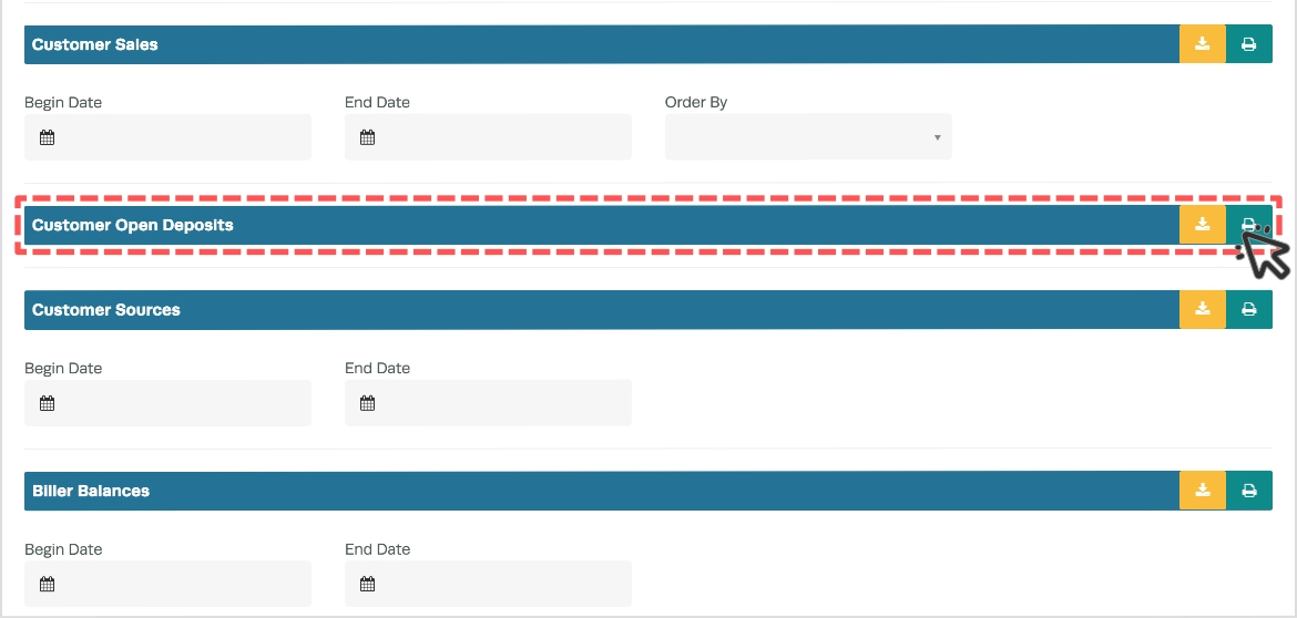 A cropped screenshot of the Customer Reports card, the Customer Open Deposits report is highlighted.
