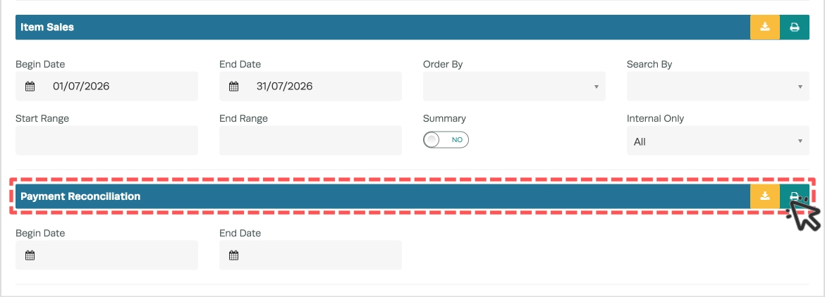 A cropped screenshot of the Sales Reports card, the Payment Reconciliation card is highlighted.