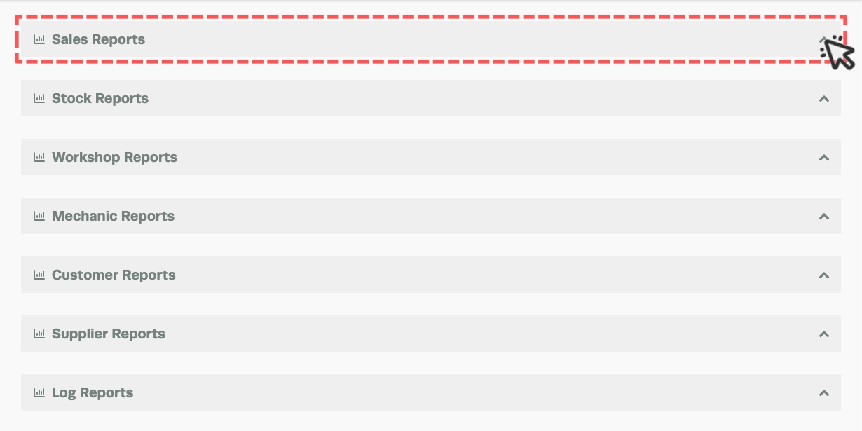 A screenshot of the headers on the Reports page in Workshop Software. The Sales Reports header is highlighted.