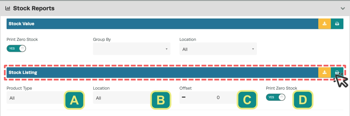 A cropped screenshot of the Stock Reports card. The Stock Listing Report is highlighted and its fields assigned letters.
