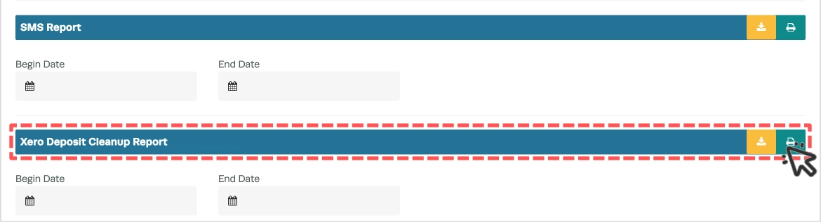 A cropped screenshot of reports available in the Log Reports card. The Xero Deposit Cleanup Report is highlighted.