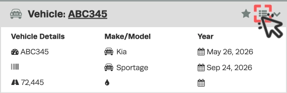 A screenshot of the Vehicle card in a Booking, a cursor indicates clicking the three bar Vehicle List icon.
