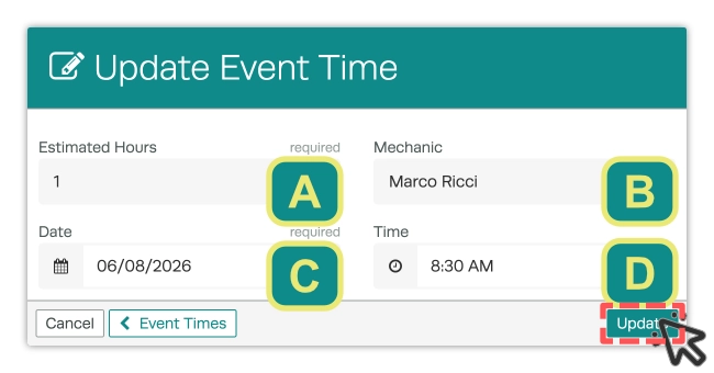 A screenshot of the Update Event Time pop up, each field is assigned a letter and the Update button is highlighted.