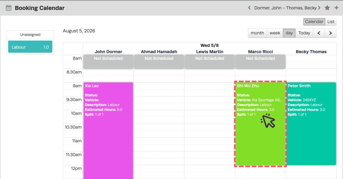 A screenshot of the day view of the Booking Diary, a Booking's Event Time is highlighted and a cursor indicates a click.