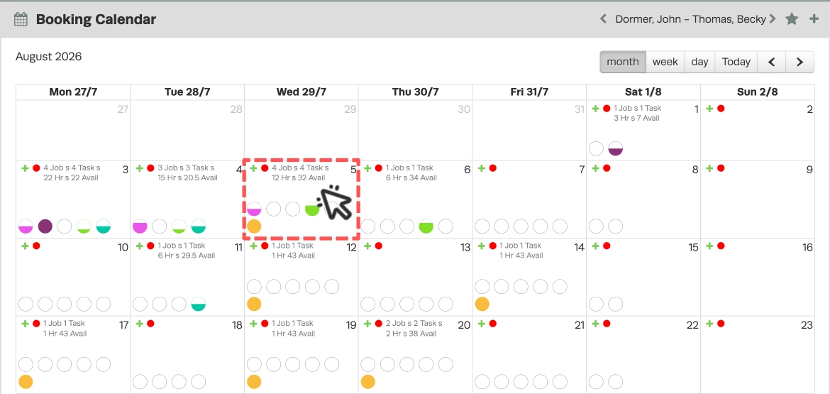 A screenshot of the Booking Diary's month view, a day is highlighted and a cursor indicates a click