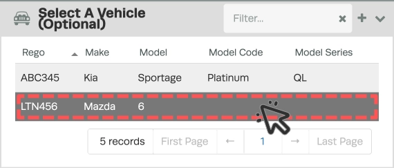 A screenshot of the Select a Vehicle Card, a Vehicle is highlighted and a cursor indicates a click.