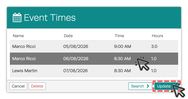 A screenshot of the Event Times in a Booking's Labour Product. Cursors indicate clicking an Event Time, then clicking Update.
