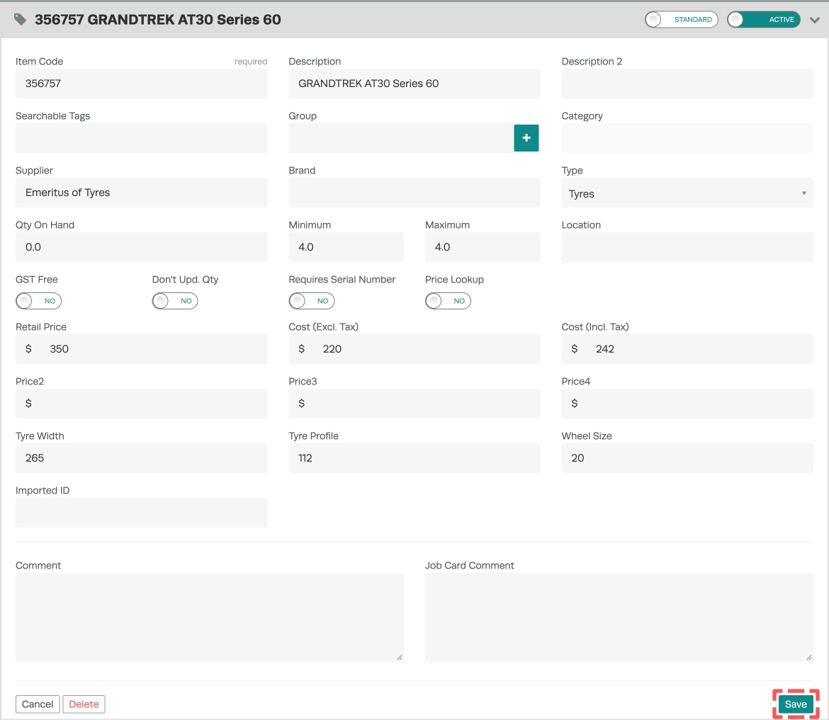 A screenshot of a Product's detail card. The Save button is highlighted.