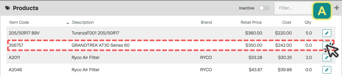A cropped screenshot of the Products list, a product is highlighted and a cursor indicates to click the pencil icon.