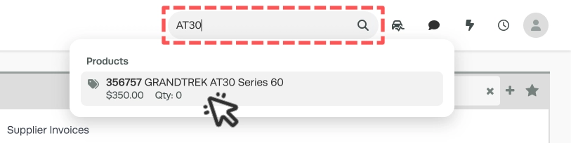 A screenshot of Workshop Software's universal search bar, showing a search for a product. A cursor indicates clicking the product entry.