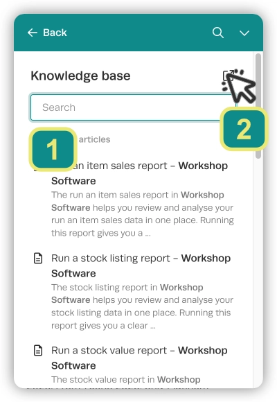 A pop-up inside workshop software. The Search Bar is numbered 1 and the link to open the Knowledge base in a new window is numbered 2.