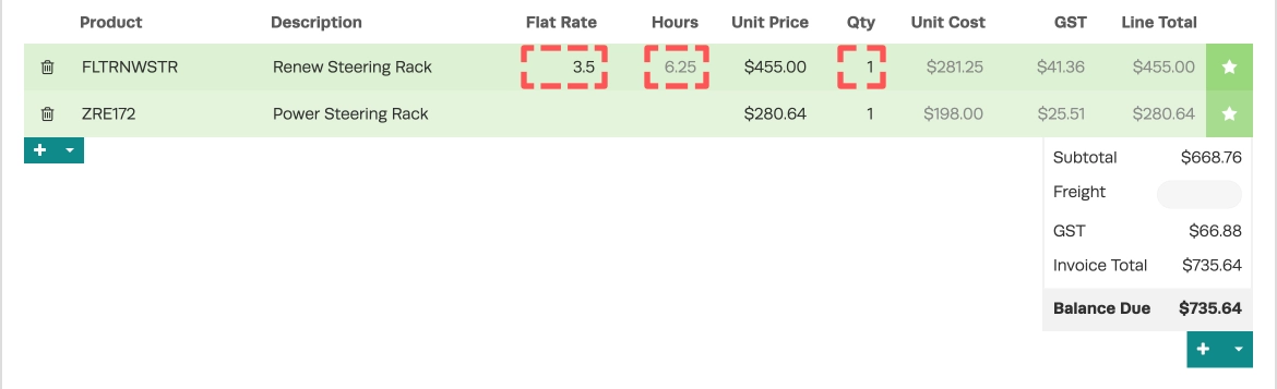 A cropped screenshot of an Invoice containing a Defined Flat Rate Product, the Flat Rate, Hours and QTY fields of this product are highlighted.