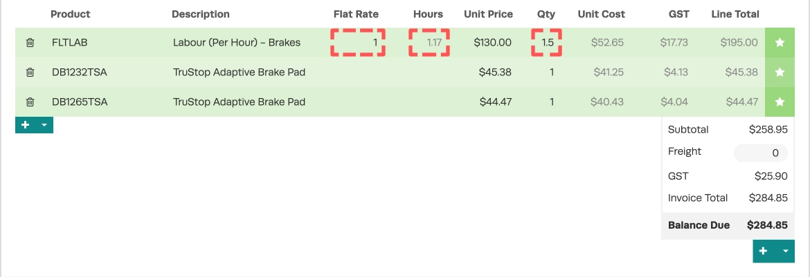A cropped screenshot of an Invoice containing an Hourly Flat Rate Product, the Flat Rate, Hours and QTY fields of this product are highlighted.