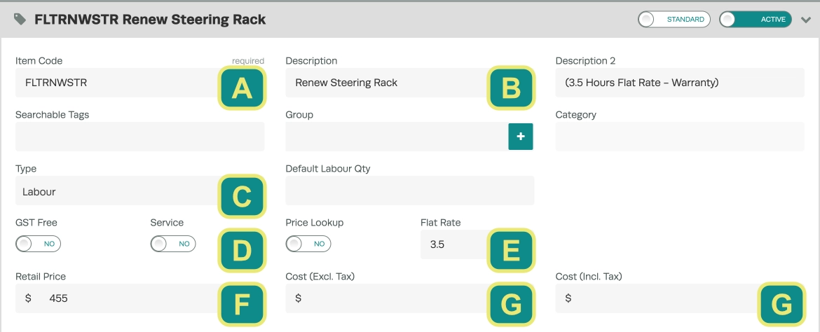 A cropped screenshot of Workshop Software Product, several fields have letters assigned and their values set appropriately for an Defined Flat Rate Product.