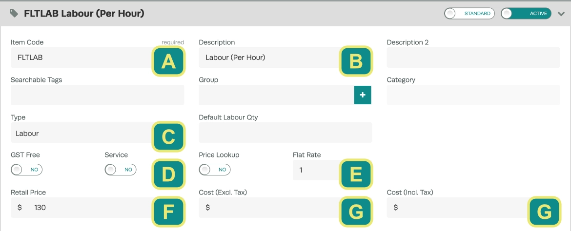 A cropped screenshot of Workshop Software Product, several fields have letters assigned and their values set appropriately for an Hourly Flat Rate Product.