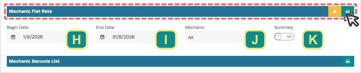 A cropped screenshot of Mechanic Reports card. The Mechanic Flat Rate report is highlighted and each option has a letter assigned.