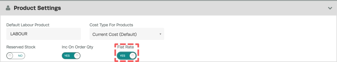 A screenshot of the Product Settings card in Workshop Software's Company Settings, the Flat Rate field is highlighted.