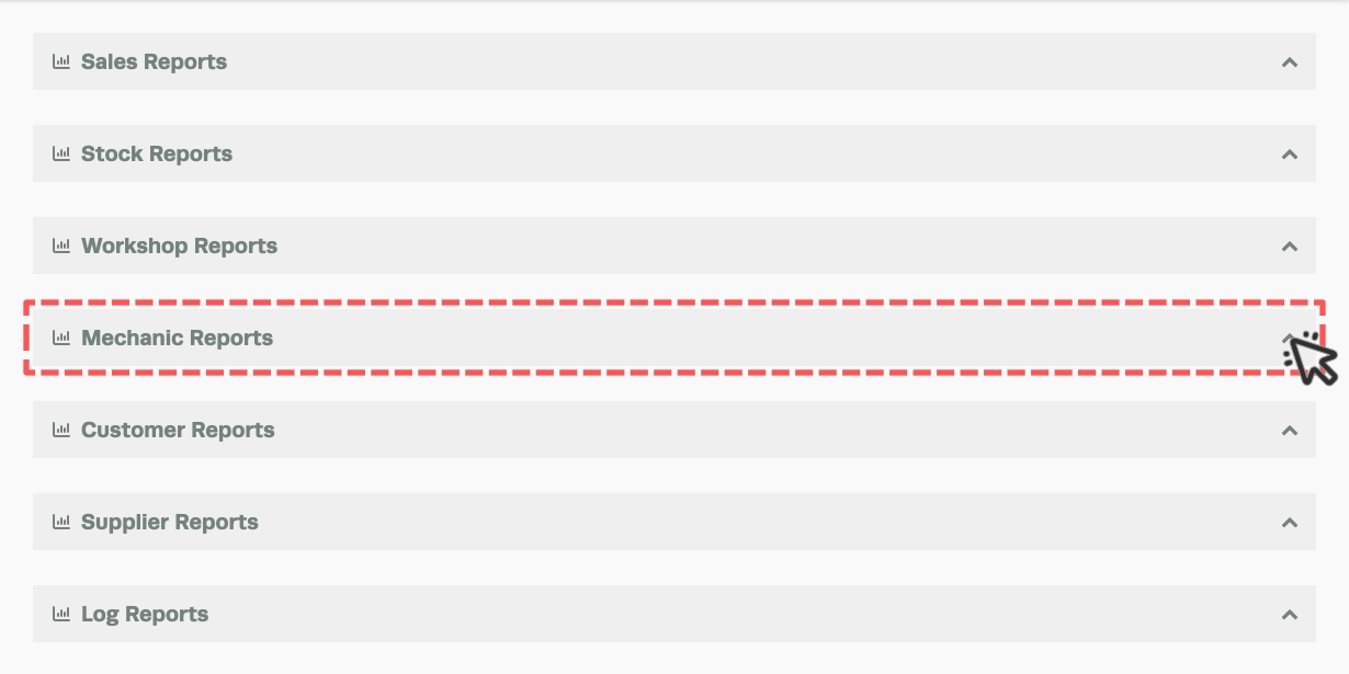 A screenshot of the available report categories in Workshop Software, the Mechanic Reports banner is highlighted.