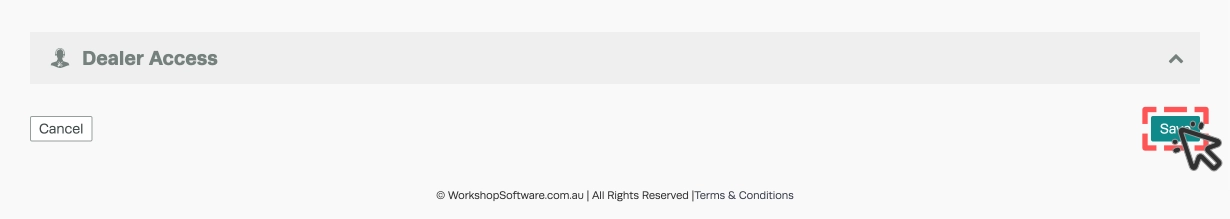 A cropped screenshot of Workshop Software's Company Settings page, the Save button in the lower right corner is highlighted.